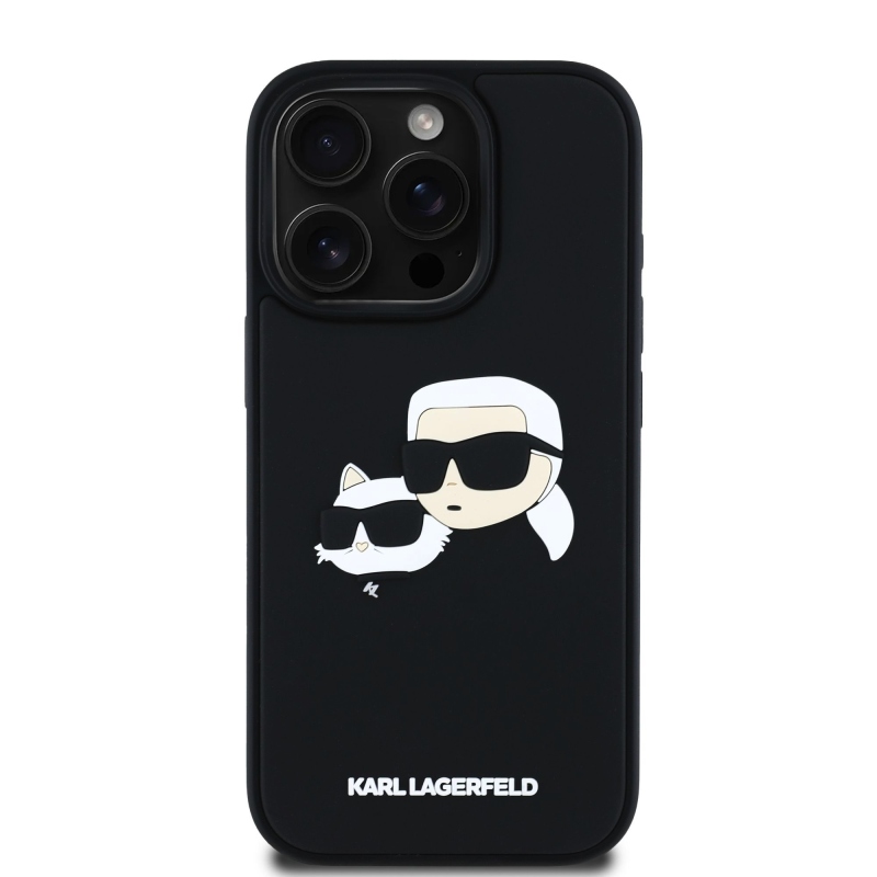 Karl Lagerfeld 3D gumiból készült duplafejű hátlap az iPhone 16 Pro készülékhez Fekete