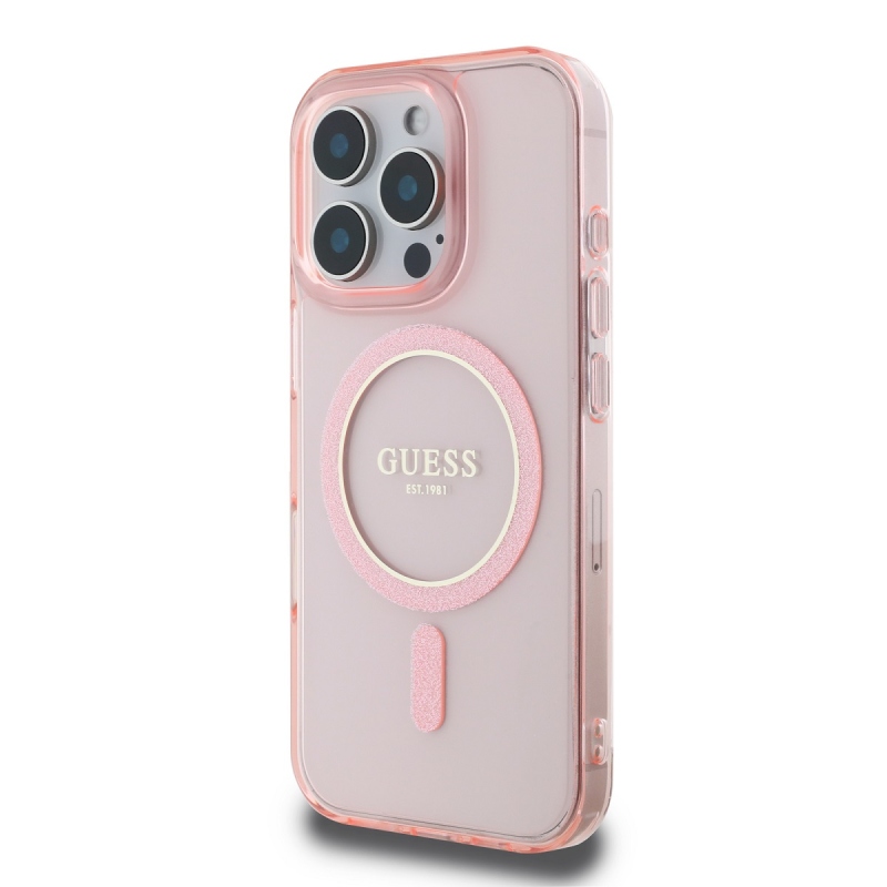 Guess IML Glitter Ring MagSafe hátlap iPhone 16 Pro rózsaszínű iPhone 16 Pro készülékhez