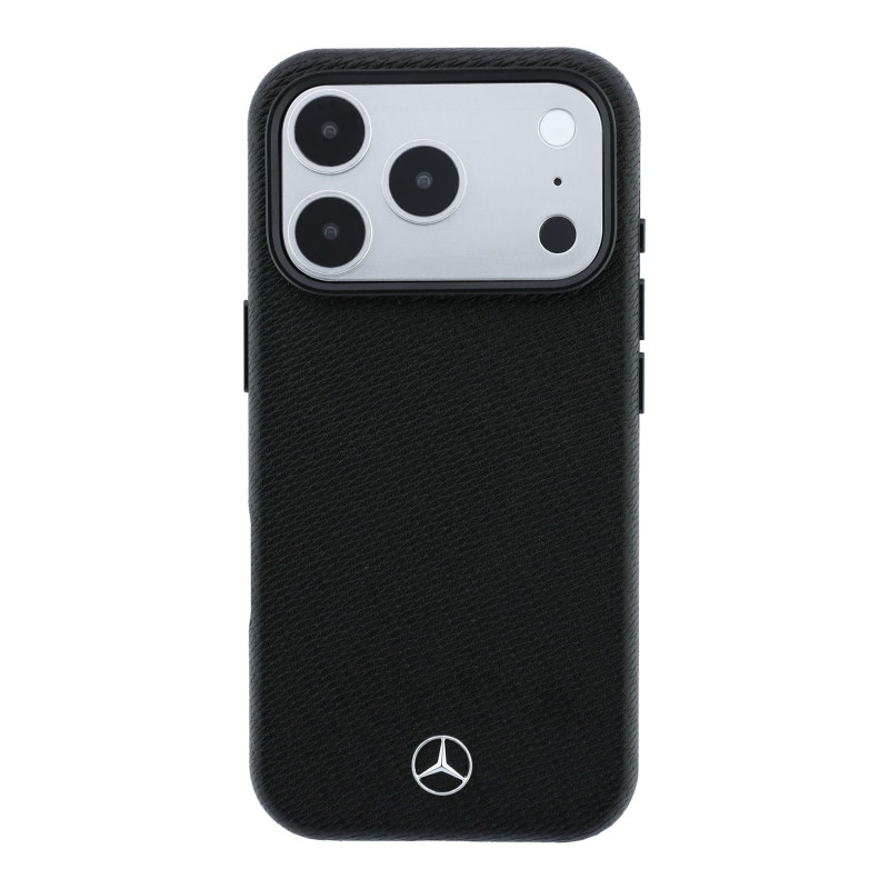 Mercedes PU bőr és fa anyagú, félig burkoló MagSafe hátsó tok iPhone 18 Pro-hoz, fekete