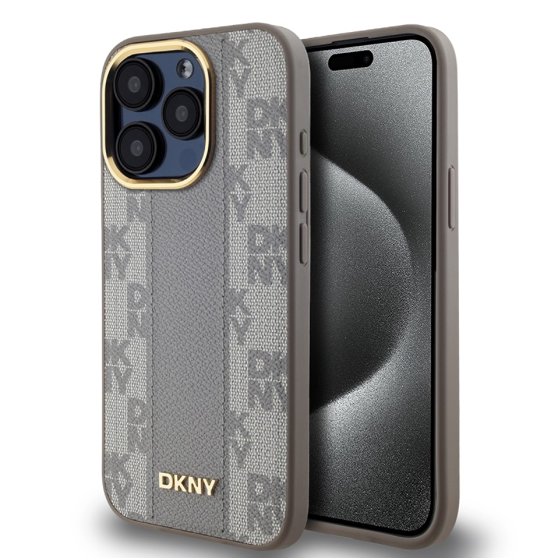 DKNY PU bőr kockás mintás Magsafe hátsó borító iPhone 15 Pro bézs színű készülékhez