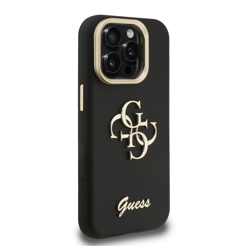 Guess PU szemcsés 4G Logo Stand Kamera keret hátlapi borító iPhone 15 Pro fekete