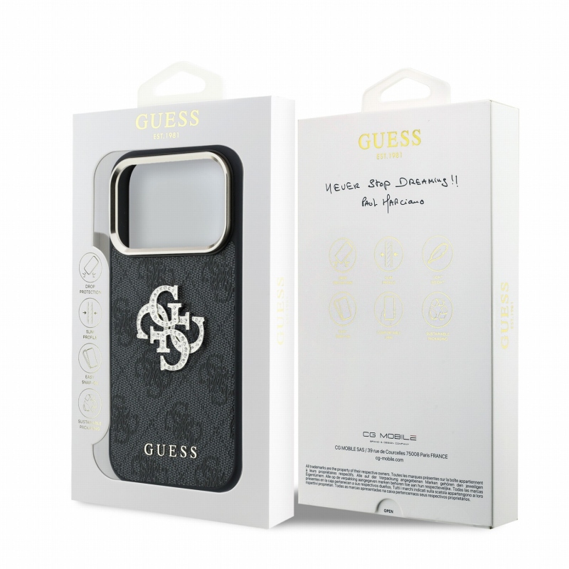 Guess PU 4G Strass Metal Logo hátsó tok iPhone 18 Pro-hoz, fekete