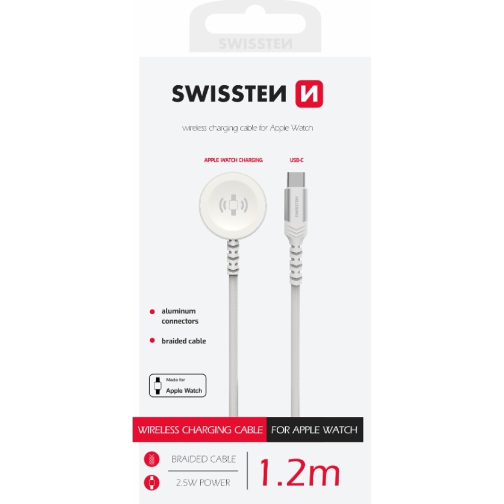 Swissten fonott fém mágneses kábel Apple Watch-hoz, USB-C 1,2 m - fehér